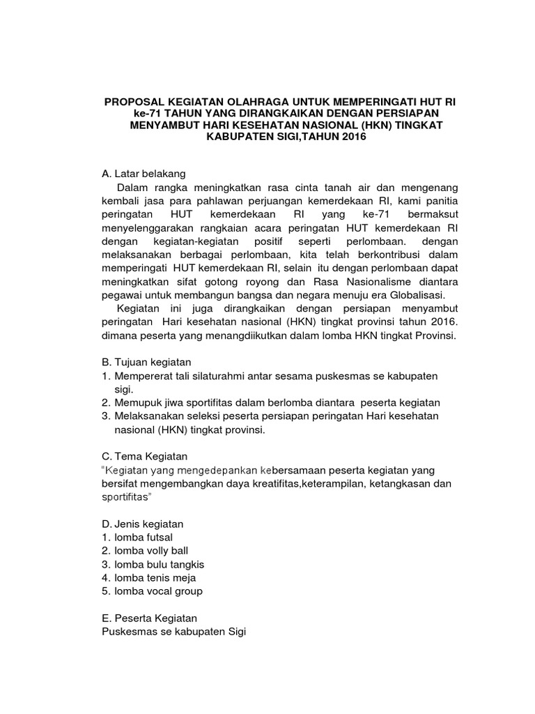 Proposal Kegiatan Olahraga Untuk Memperingati Hut Ri Ke