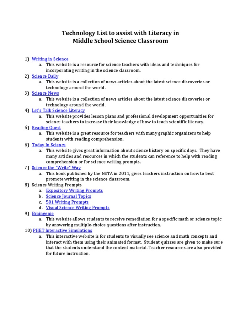 Technology List To Assist With Literacy in Middle School Science | PDF