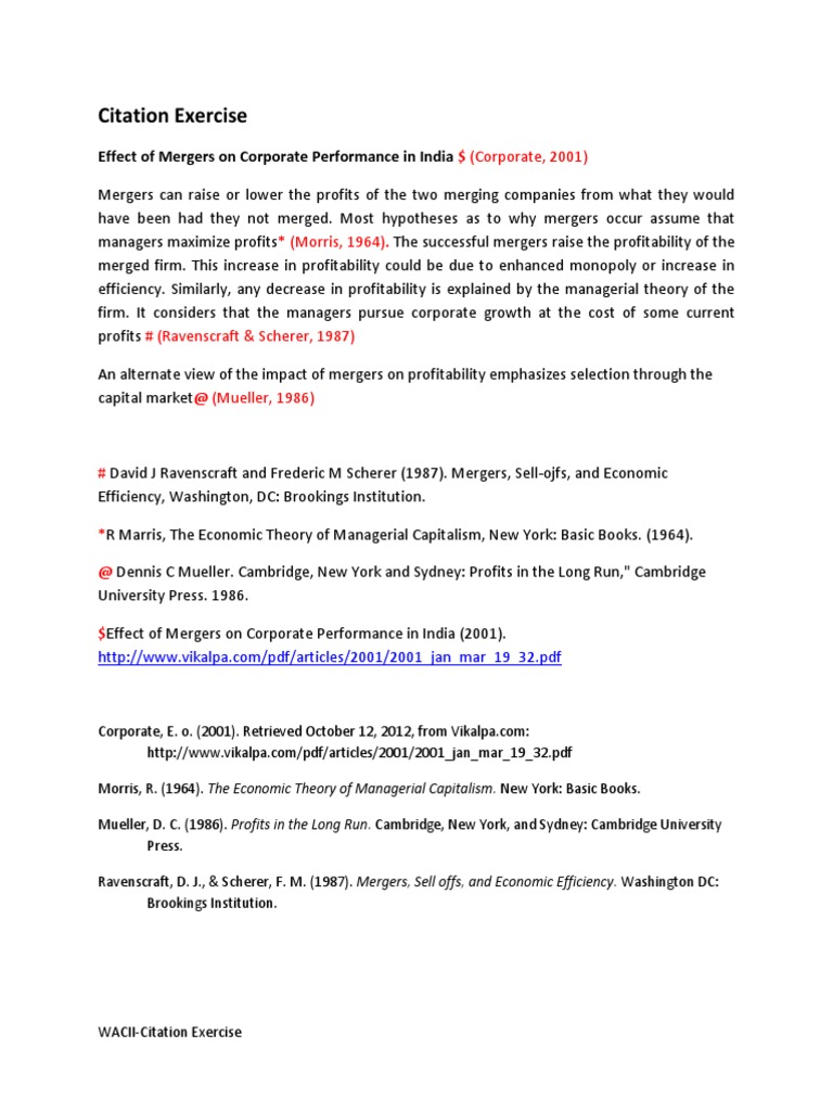 Citation Exercise: Effect of Mergers On Corporate Performance in India ...