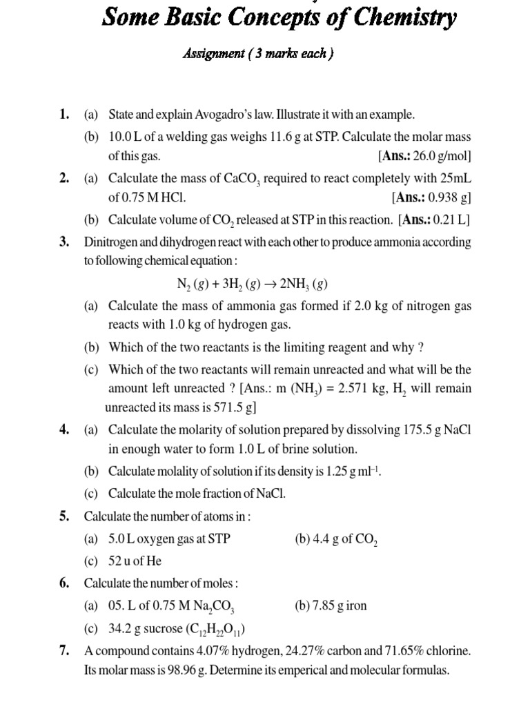11 Chemistry Chapter 1 Assignment 1 | PDF