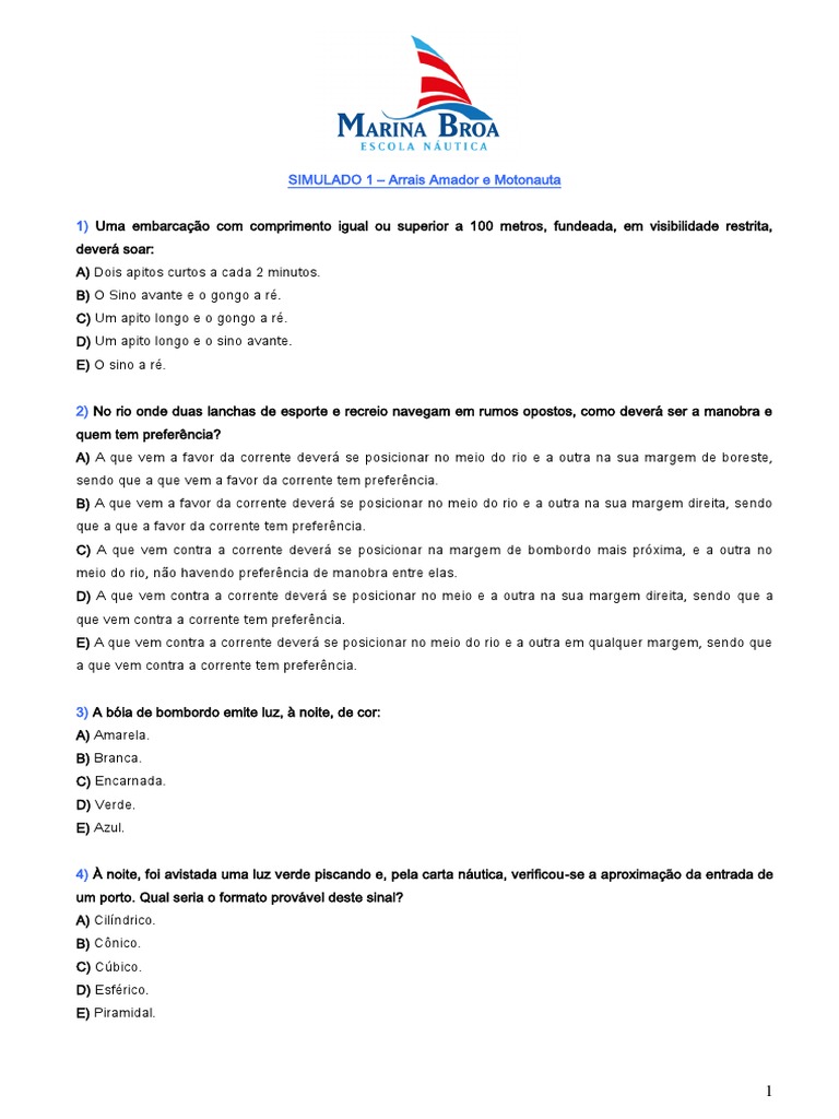 Simulado 1 Arrais Amador e Motonauta | PDF | Combustão | Oxigênio