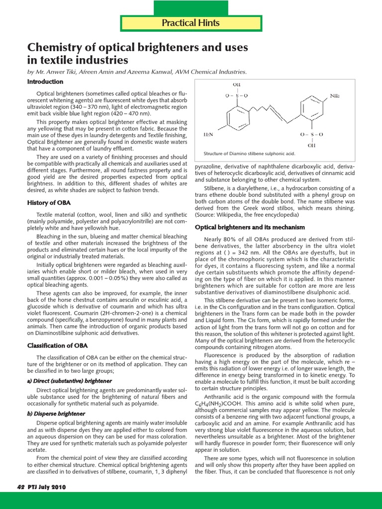 Chemistry of Optical Brighteners and Uses PDF PDF Fluorescence