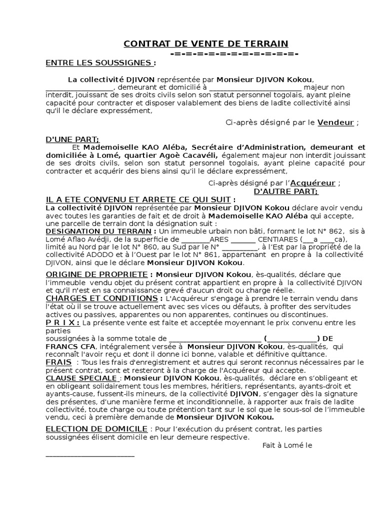 Contrat de Vente de Terrain  Sodles  Institutions sociales