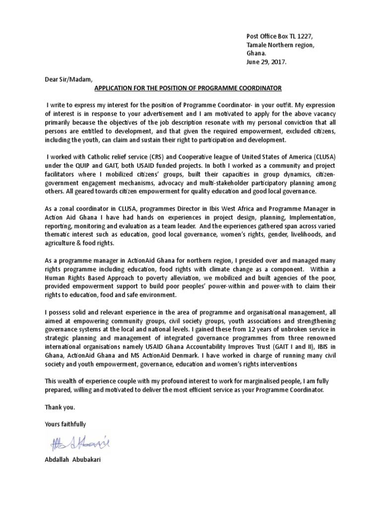 Cover Letter Programme Coordinator Nigeria Empowerment Governance