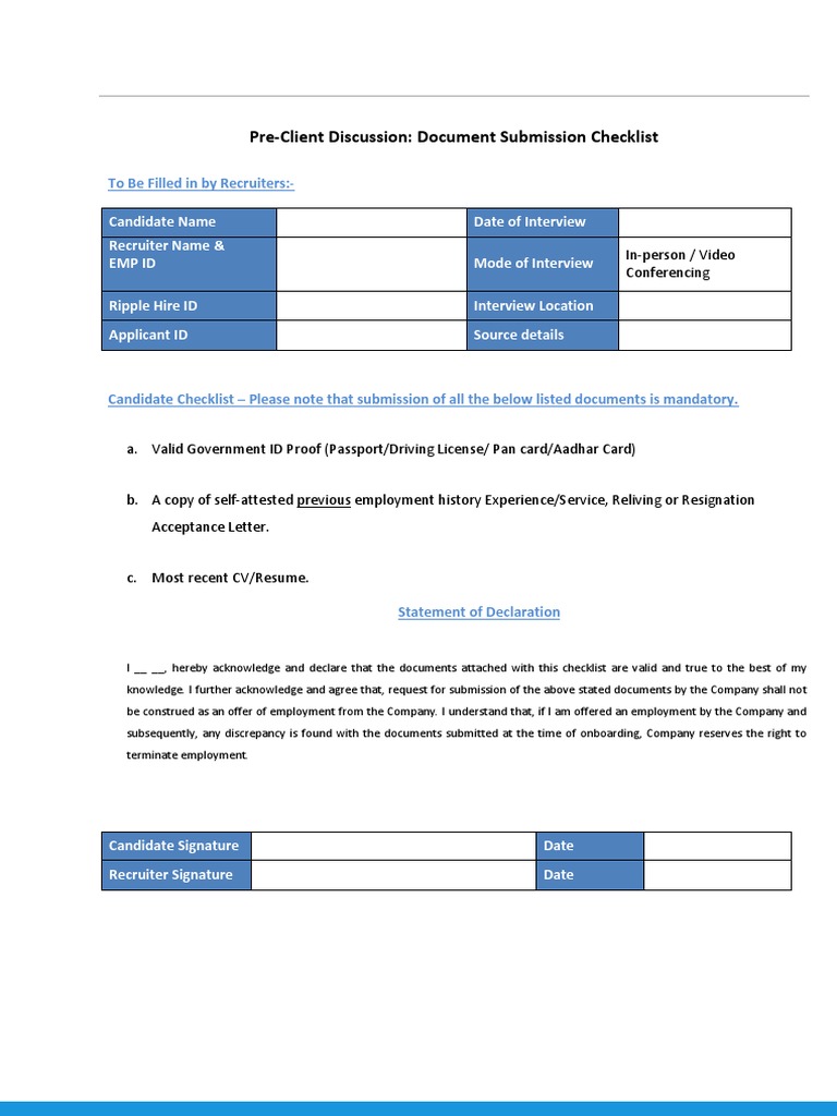 Pre-Client Discussion: Document Submission Checklist: To Be Filled in ...
