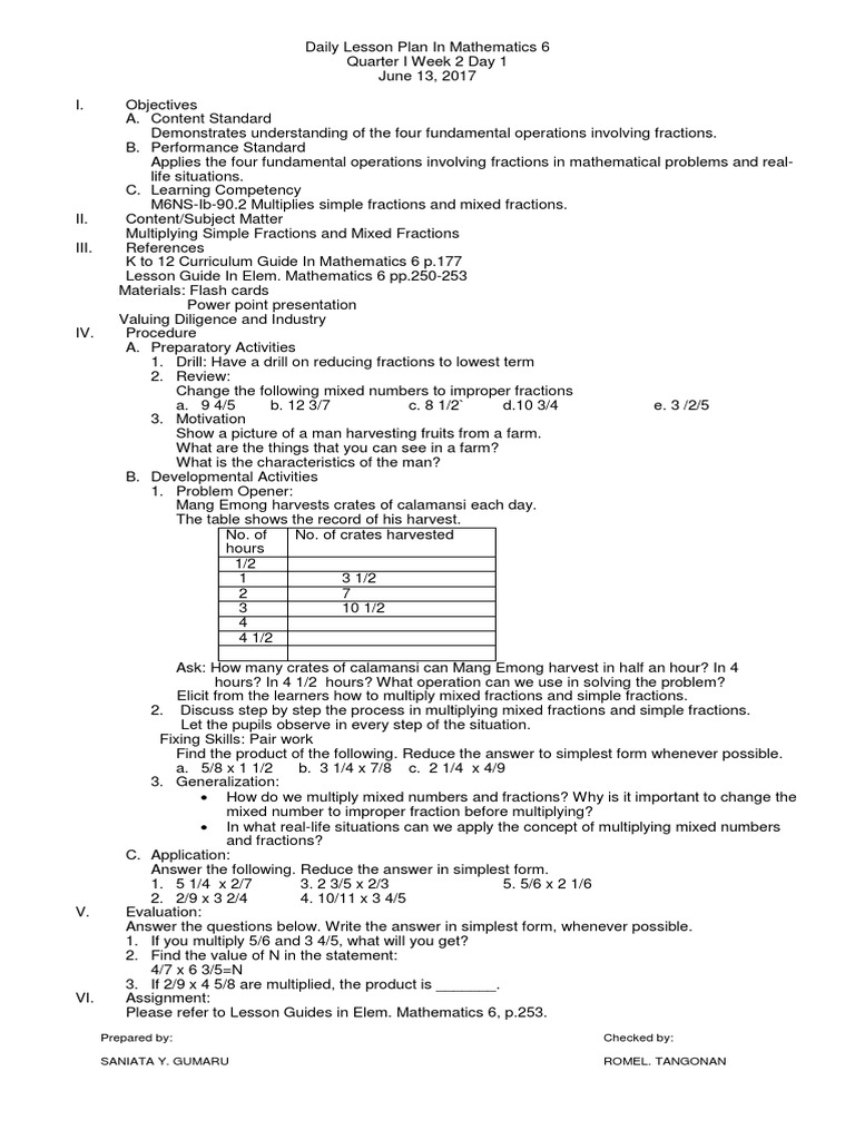 Daily Lesson Plan in Mathematics 6 Day 1 | PDF | Fraction (Mathematics ...