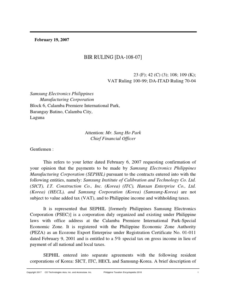 Bir Ruling Da 108 07 | PDF | Value Added Tax | Permanent Establishment