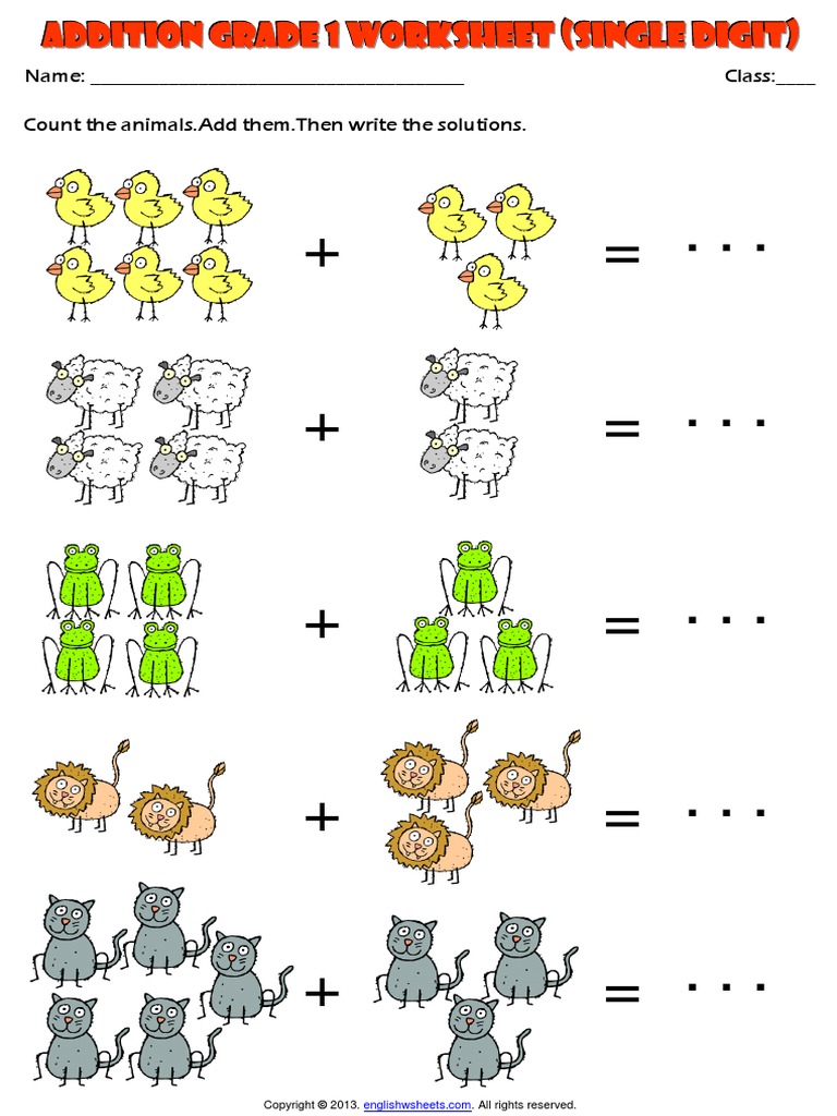 Picture Addition Grade 1 Single Digit Animals Theme Exercises Worksheet Pdf