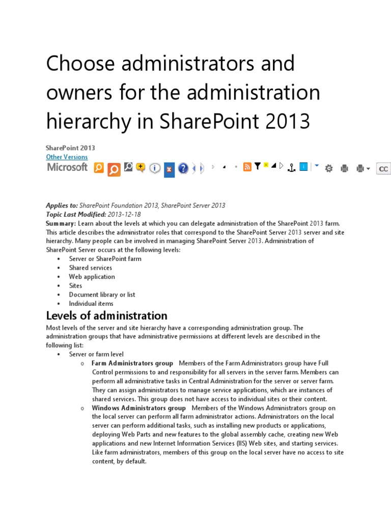 SharePoint 2013 Admin Roles Guide | PDF | Share Point | World Wide Web