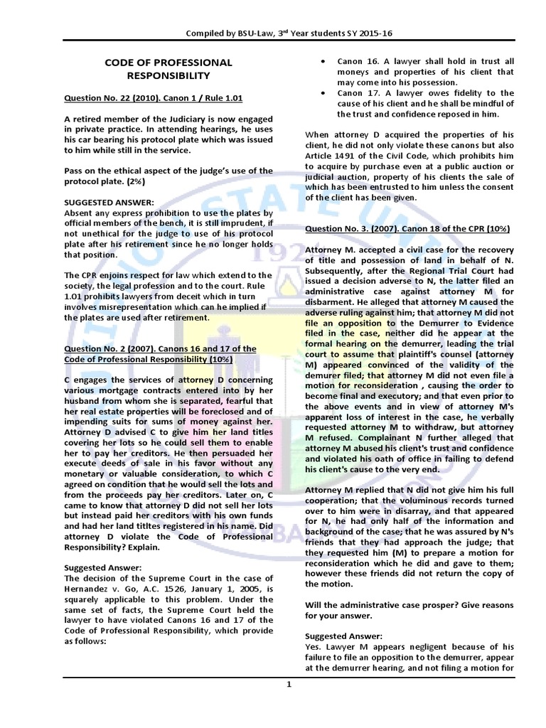 Legal Ethics Bar Questions Compilation794849484 PDF Practice Of Law