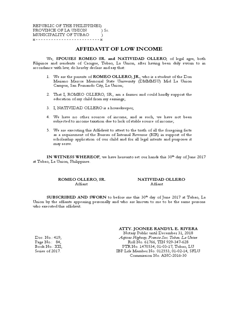 Affidavit of Low Income Ollero | PDF