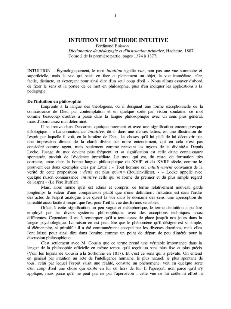 Intuition Et Méthode Intuitive Par Ferdinand Buisson René - 