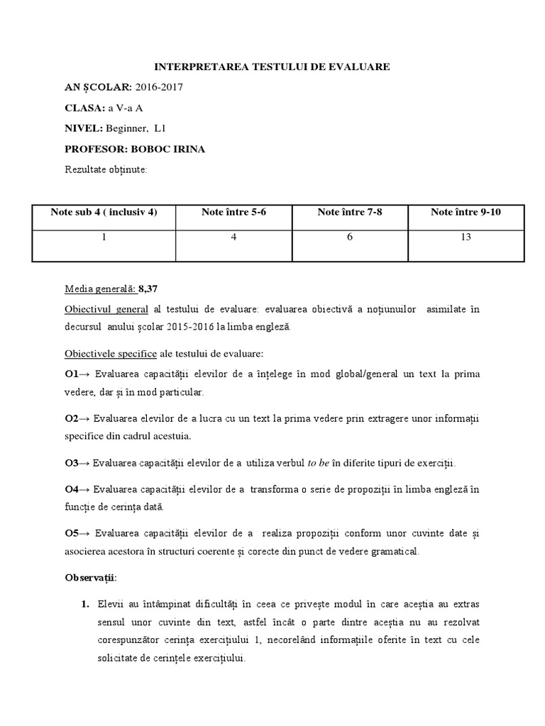 Interpretare Test Initial, Clasa A V-A | PDF