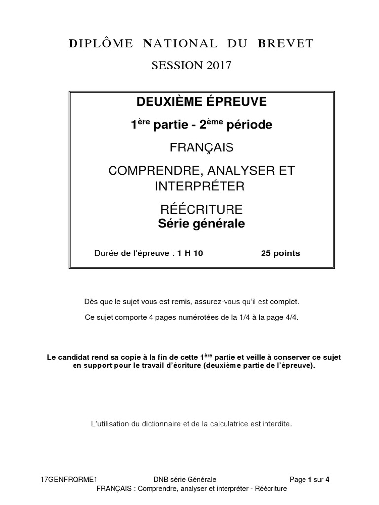 Sujet Brevet Français 2020 Pdf Corrigé DNB 2017 Francais Partie 1 Sujet | PDF