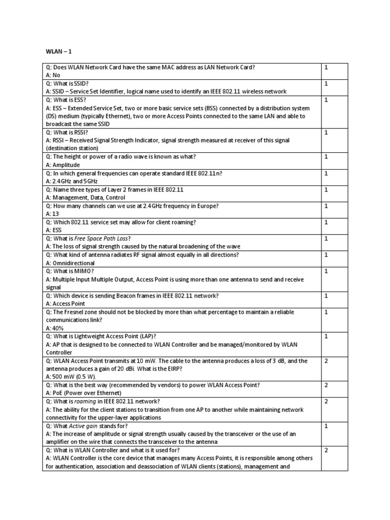 Questions WLAN Wireless1 PDF Wireless Lan Ieee 802.11
