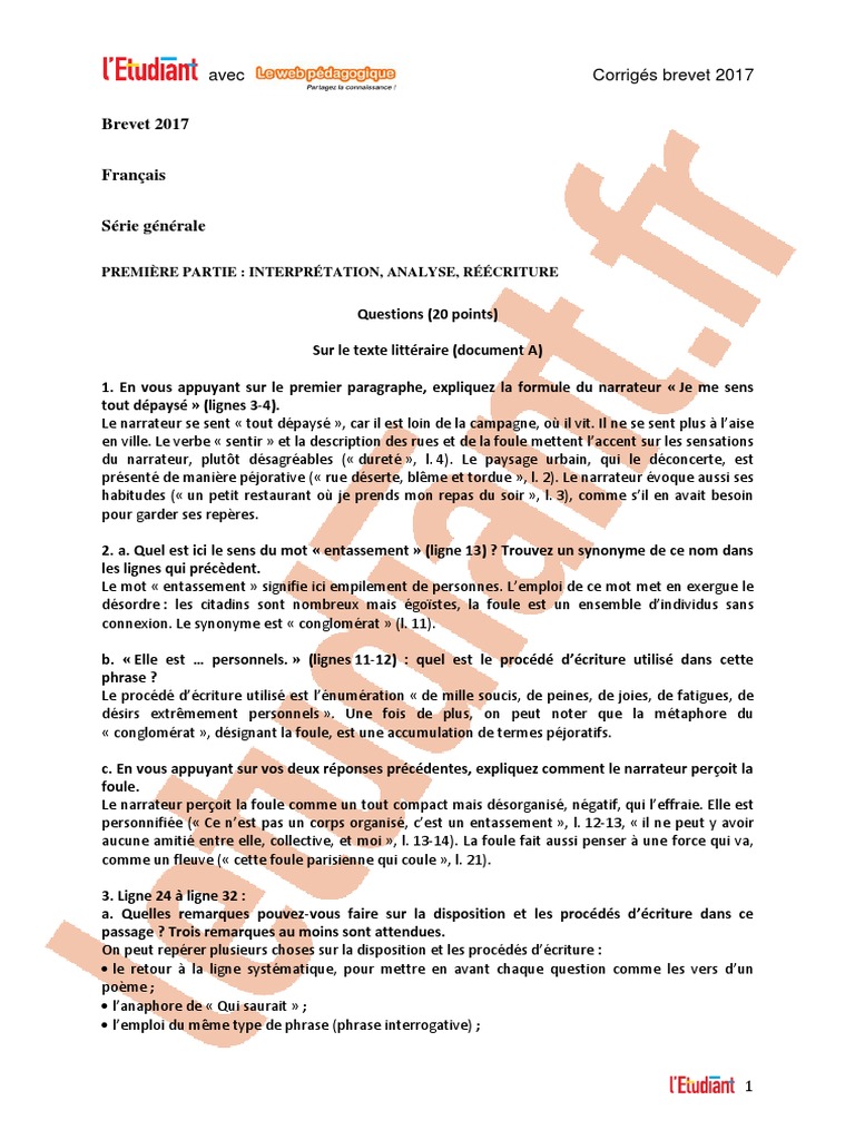 DNB 2017 Francais Premiere Partie Corrige | PDF | Phrase