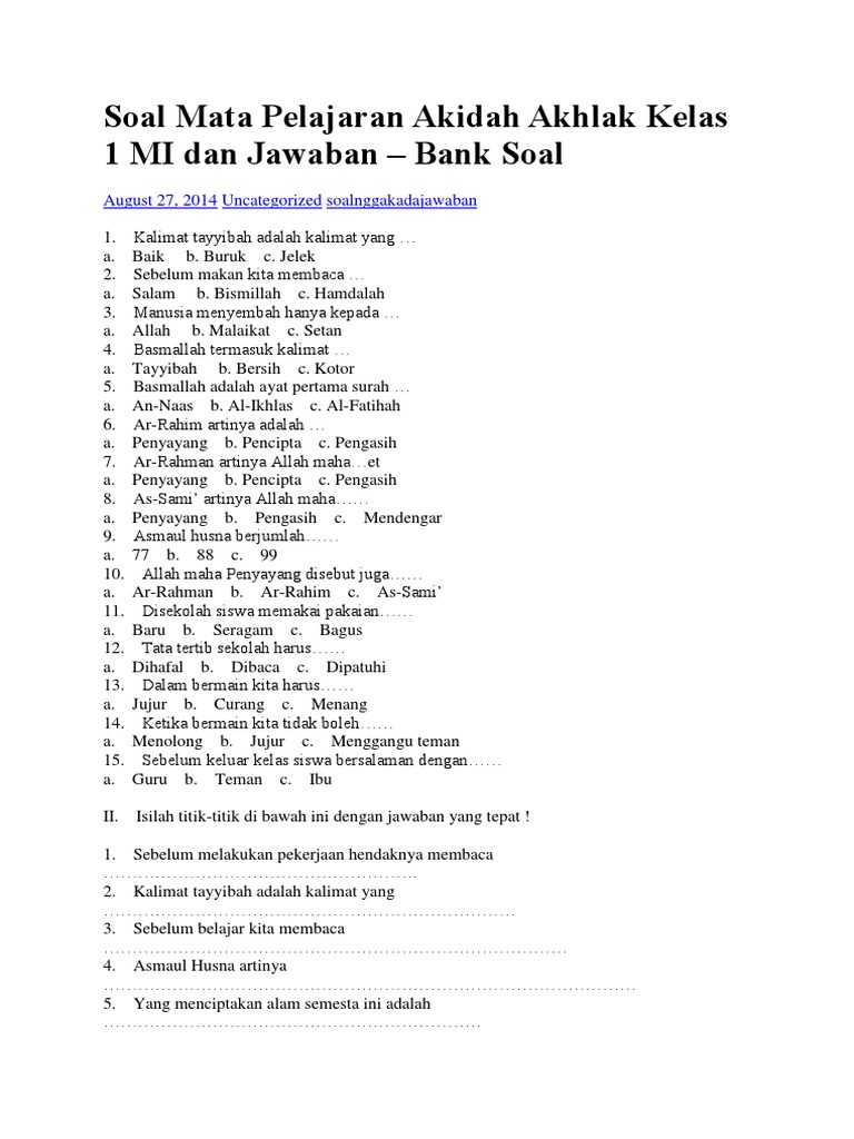 Soal Mata Pelajaran Akidah Akhlak Kelas 1 Mi Dan Jawaban