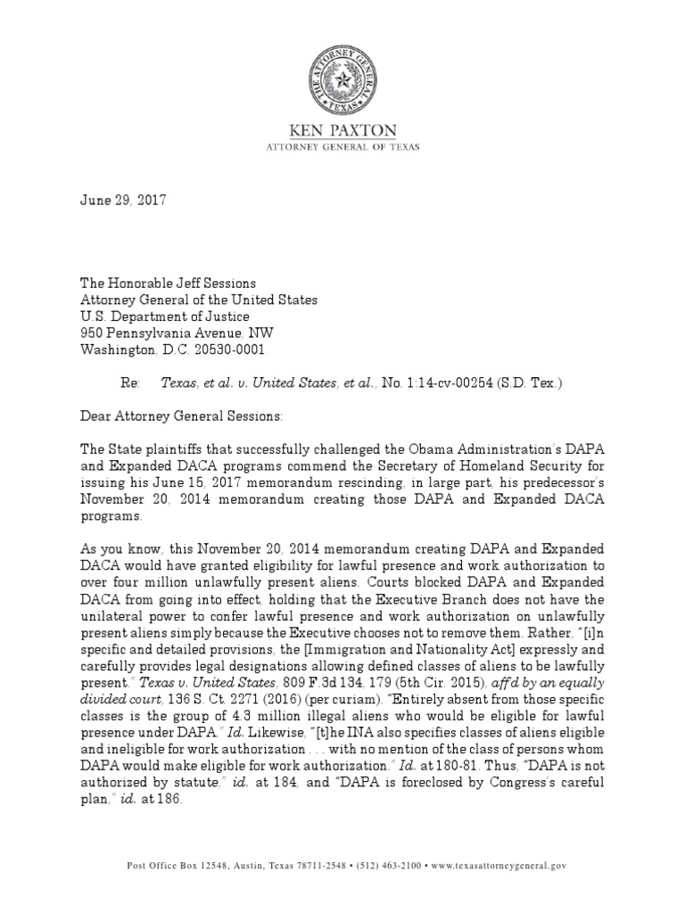 DACA Letter 6 29 2017 Immigration Reform United States Law