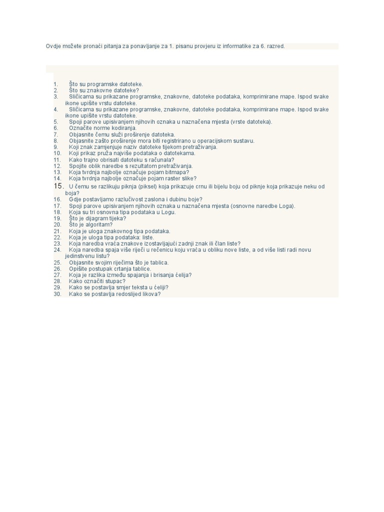 Pisana Provjera Iz Informatike Za 6. Razred | PDF