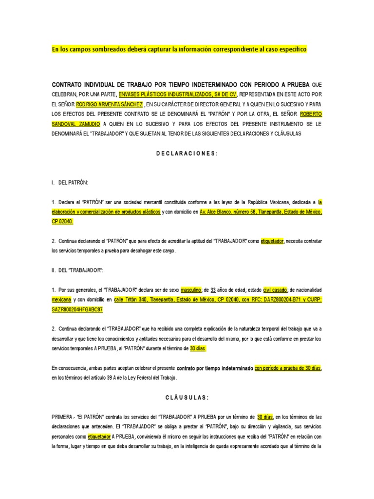 Contrato Individual De Trabajo Por Tiempo Indeterminado Con Periodo A