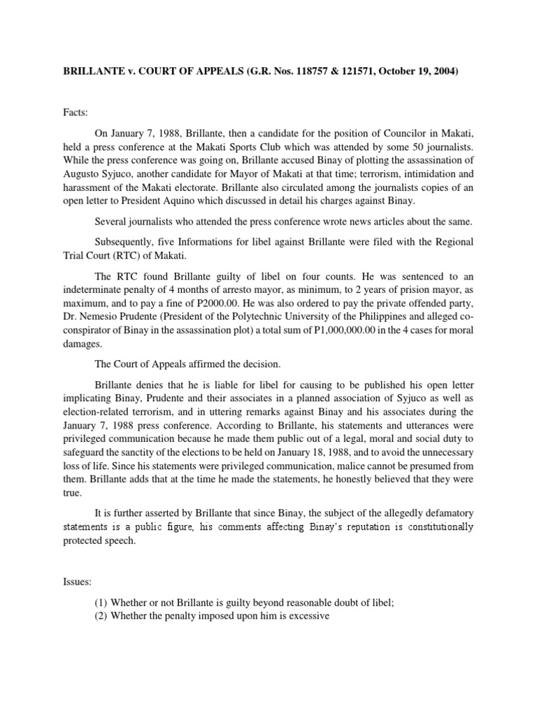 Brillante v. CA (2004) Digest + Full Text PDF Defamation Statute
