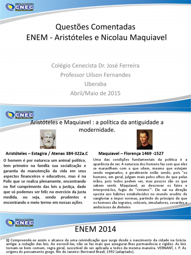 Questões sobre Maquiavel e Aristóteles ENEM | PDF | Nicolau Maquiavel ...