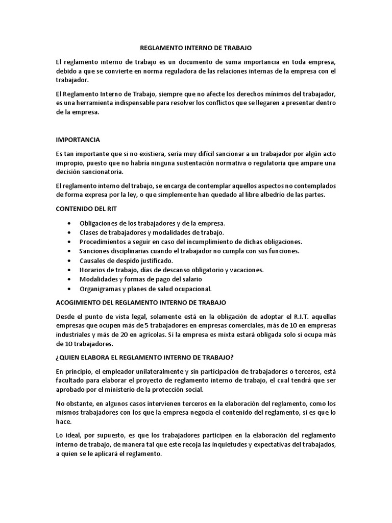 Reglamento Interno de Trabajo: Guía Esencial | PDF | Regulación ...