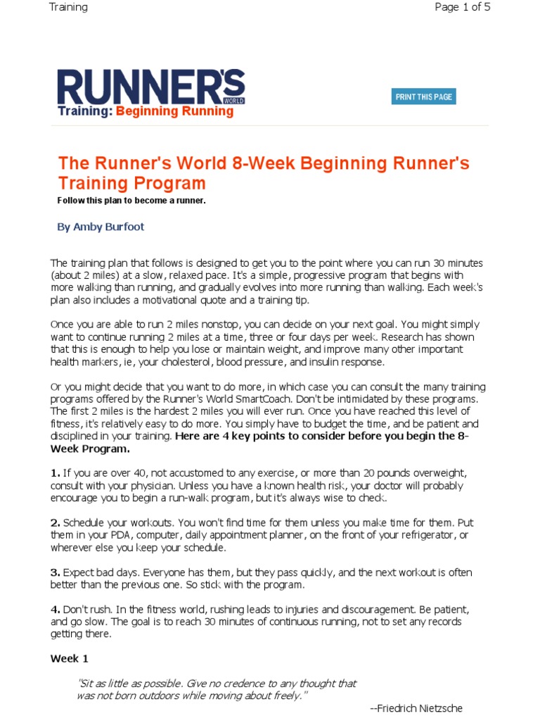Beginner Running 8-Week Program | PDF | Physical Fitness | Determinants ...