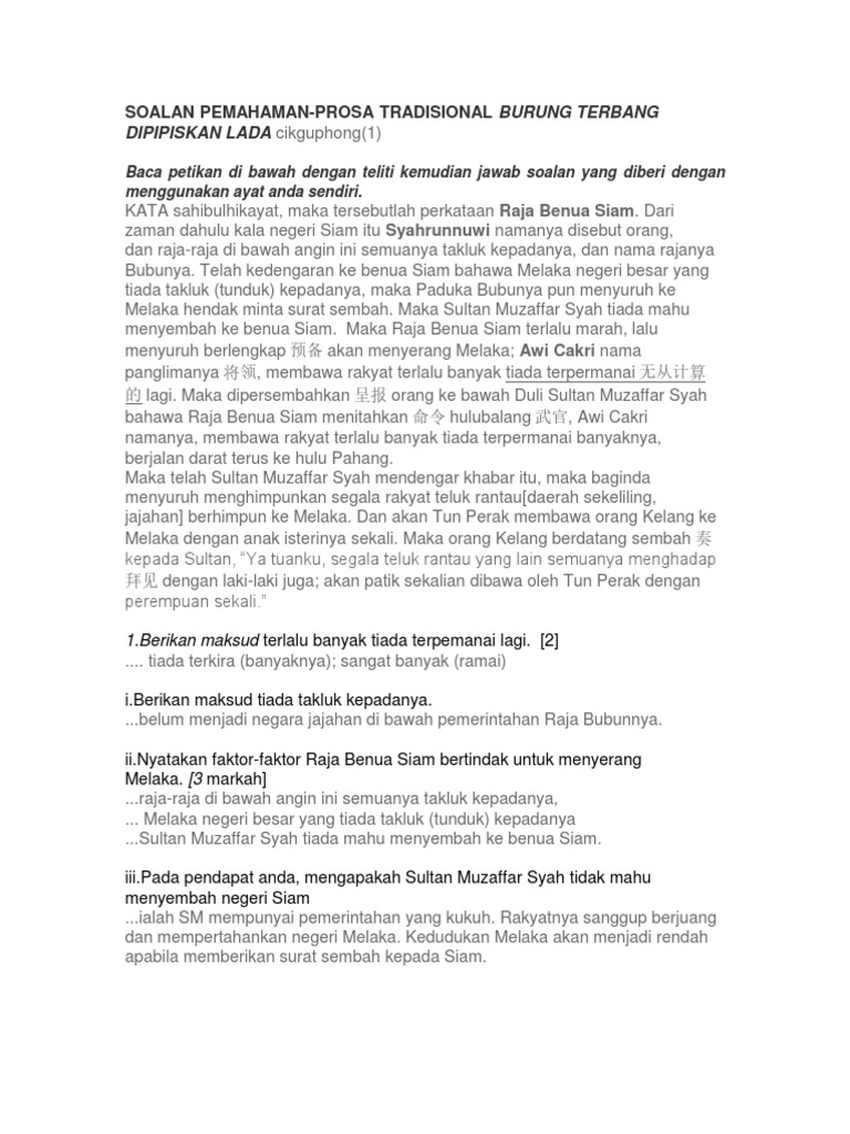 Soalan Pemahaman Pprosa Tradisional Pdf