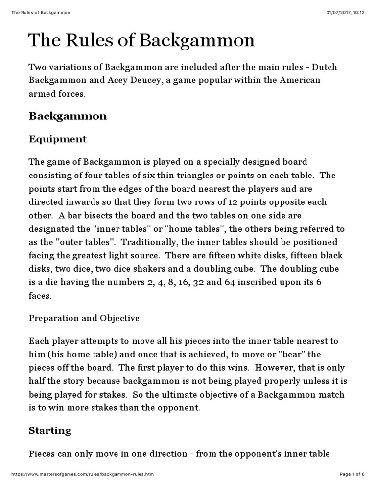 The Rules of Backgammon Games Of Chance Leisure Activities