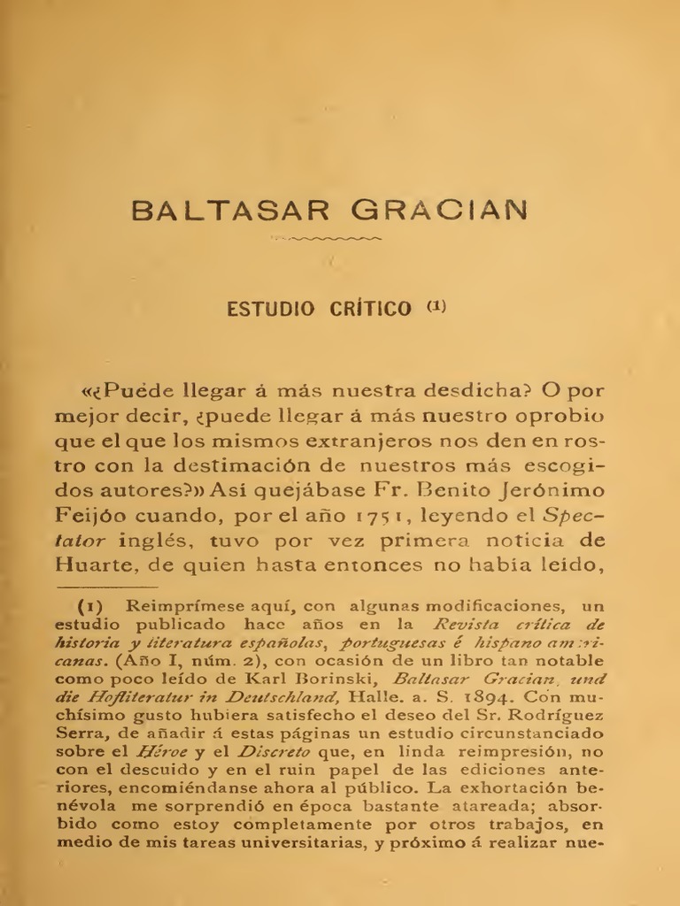 Estudio Crítico Sobre Baltasar Gracián, de Arturo Farinelli | PDF ...