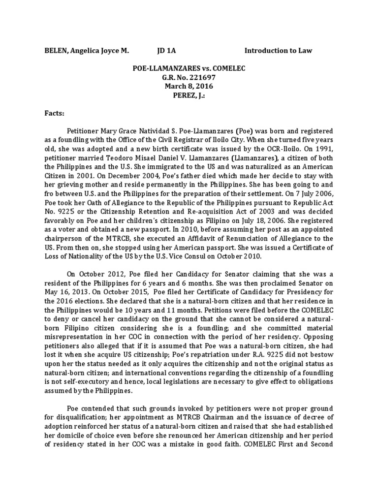 Belen angelica joyce m jd 1a introduction to law poe llamanzares vs