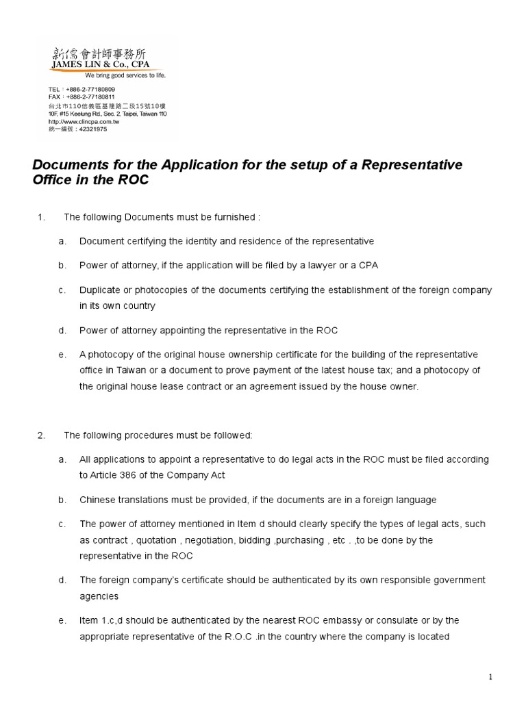 Documents For The Application For The Setup of A Representative Office ...