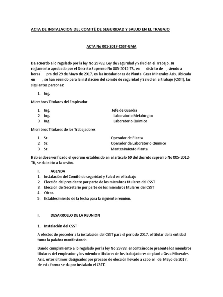 Acta de Instalacion Del Comité de Seguridad y Salud en El Trabajo | PDF ...