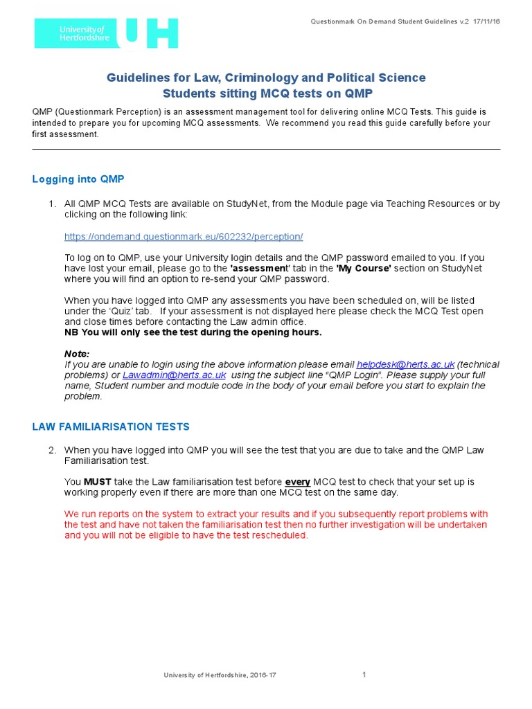 QMP MCQ Test Guidelines for Law Students | PDF | Email | Login