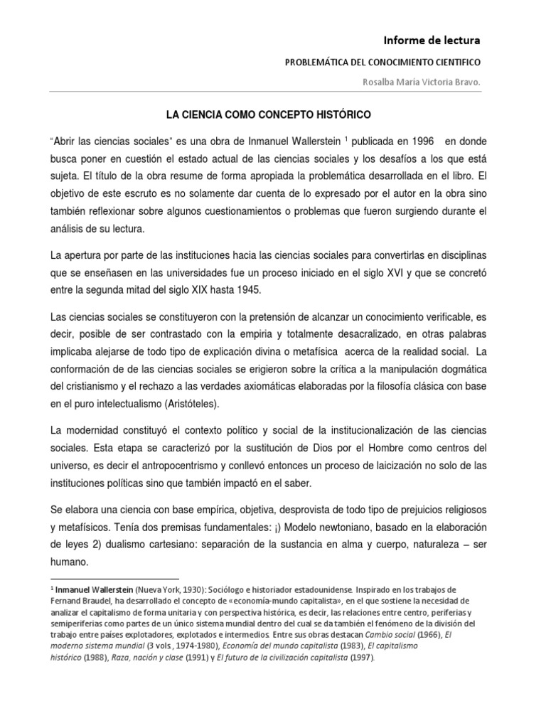 Informe de Lectura Abrir Las Ciencias Sociales Wallerstein