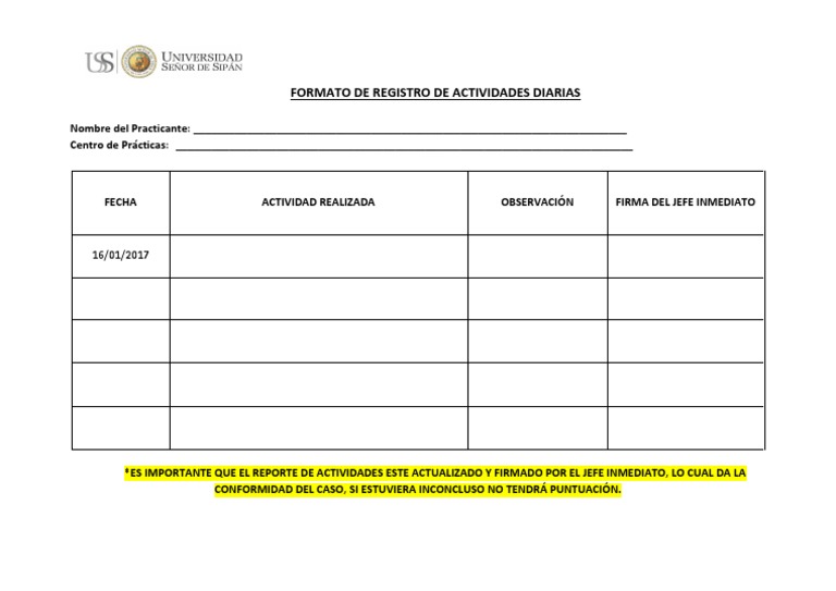 2. Formato de Registro de Actividades Diarias