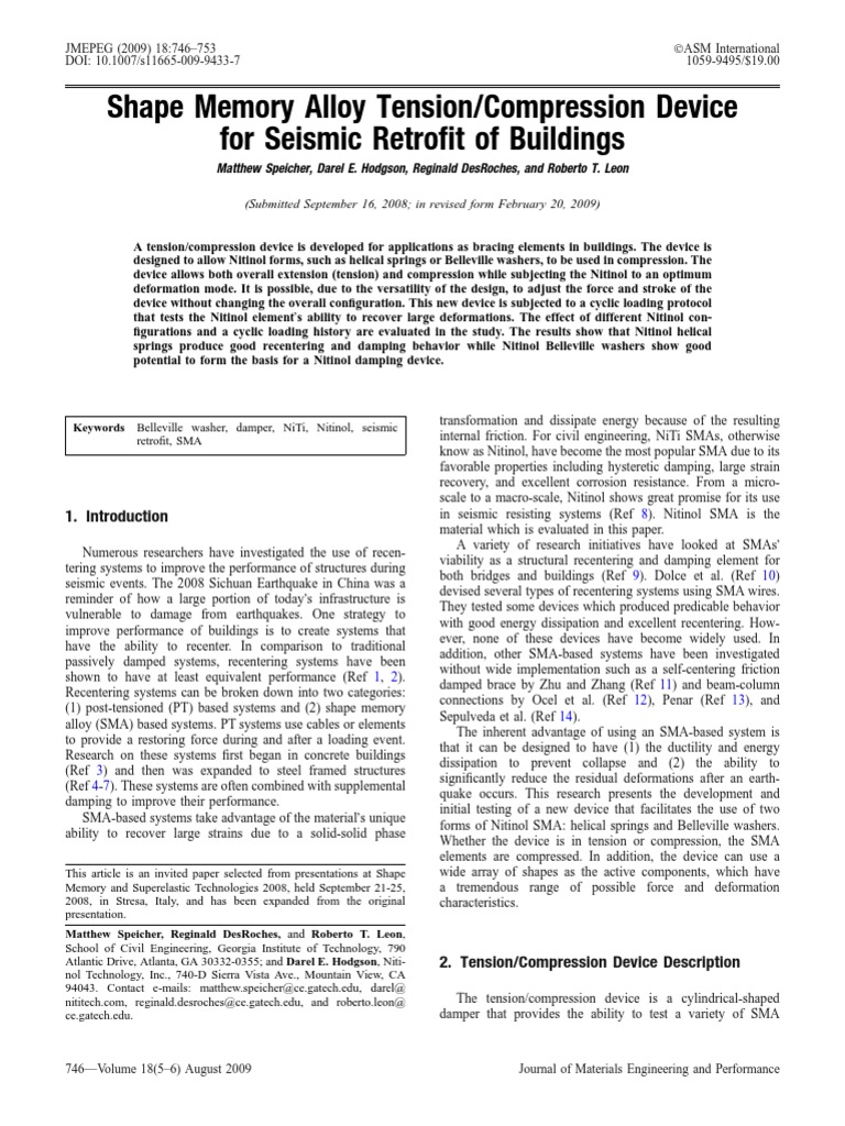 Shape Memory Alloy Tension/Compression Device For Seismic Retrofit of ...