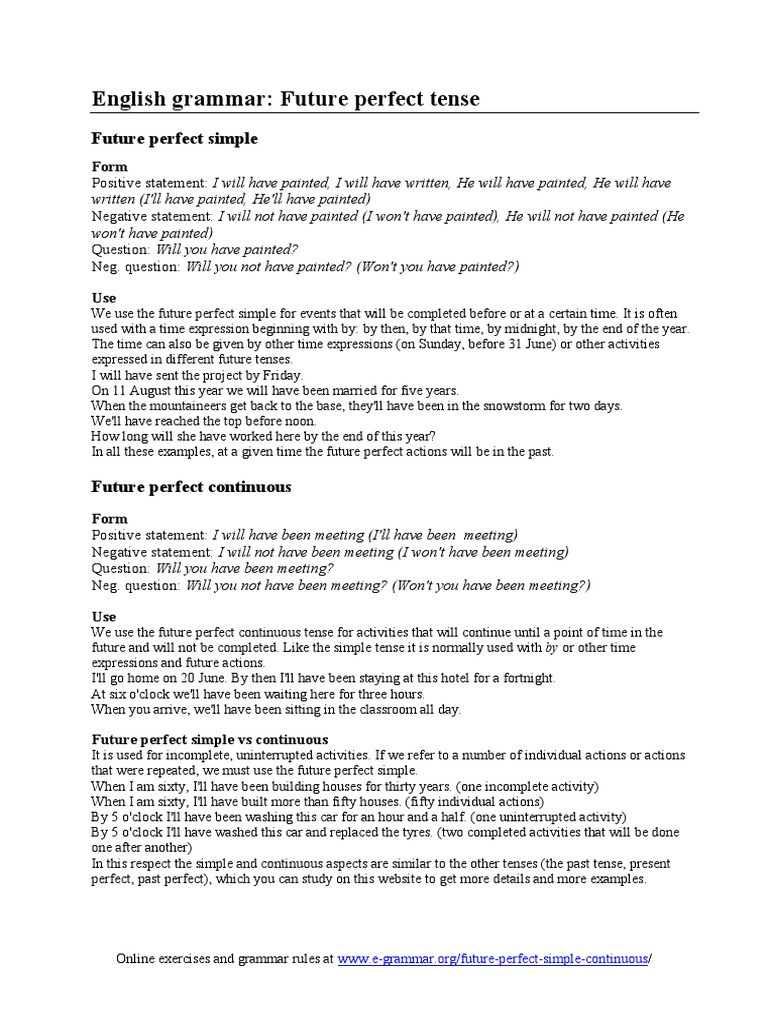 Future Perfect Tense Pdf Perfect Grammar Grammatical Tense