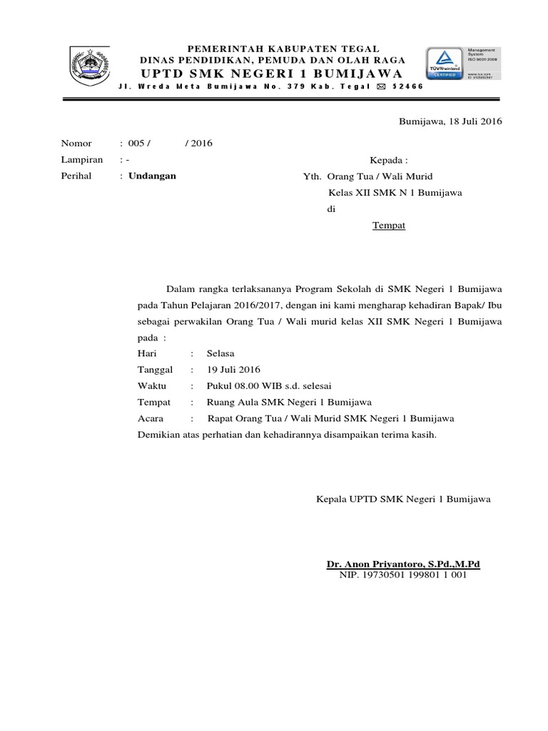 Surat Undangan Rapat Ortu 2016 Kelas Xiidocx