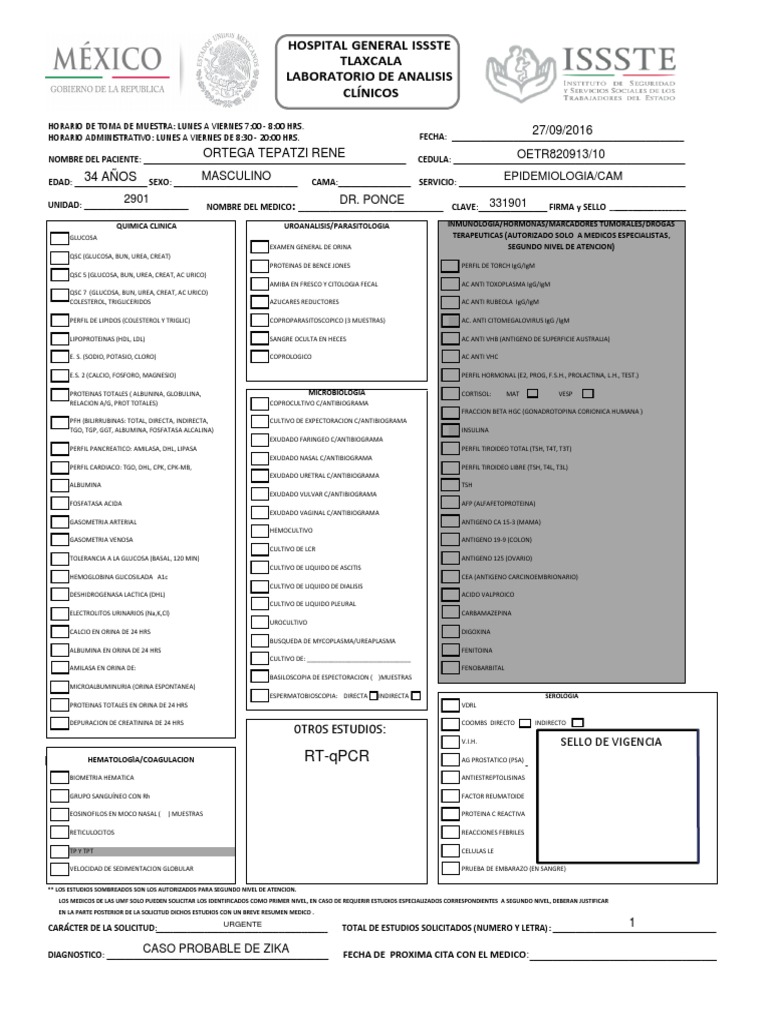 Solicitud De Laboratorio De Analisis Clinicos 2016