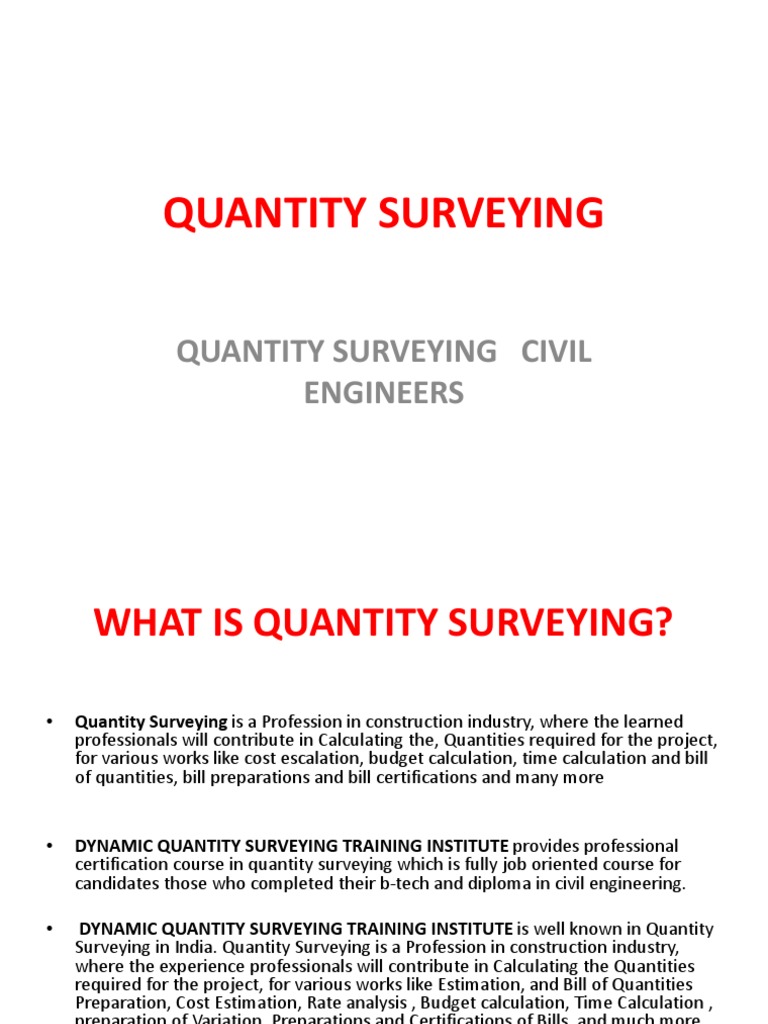 Quantity Surveying Ppt File | Surveying | Business