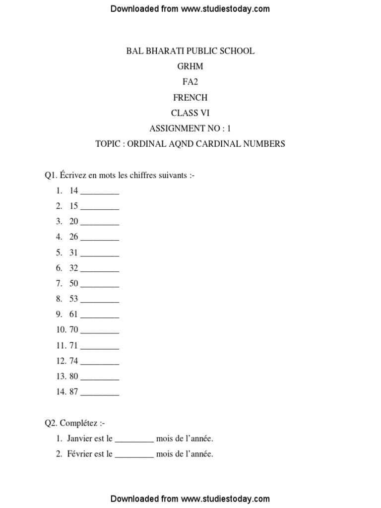 CBSE Class 6 French Worksheets 1 pdf
