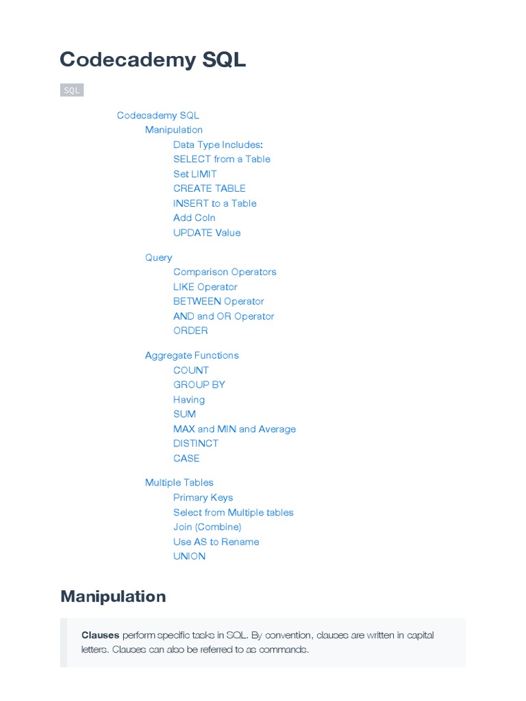 Codecademy SQL PDF Sql Software Engineering