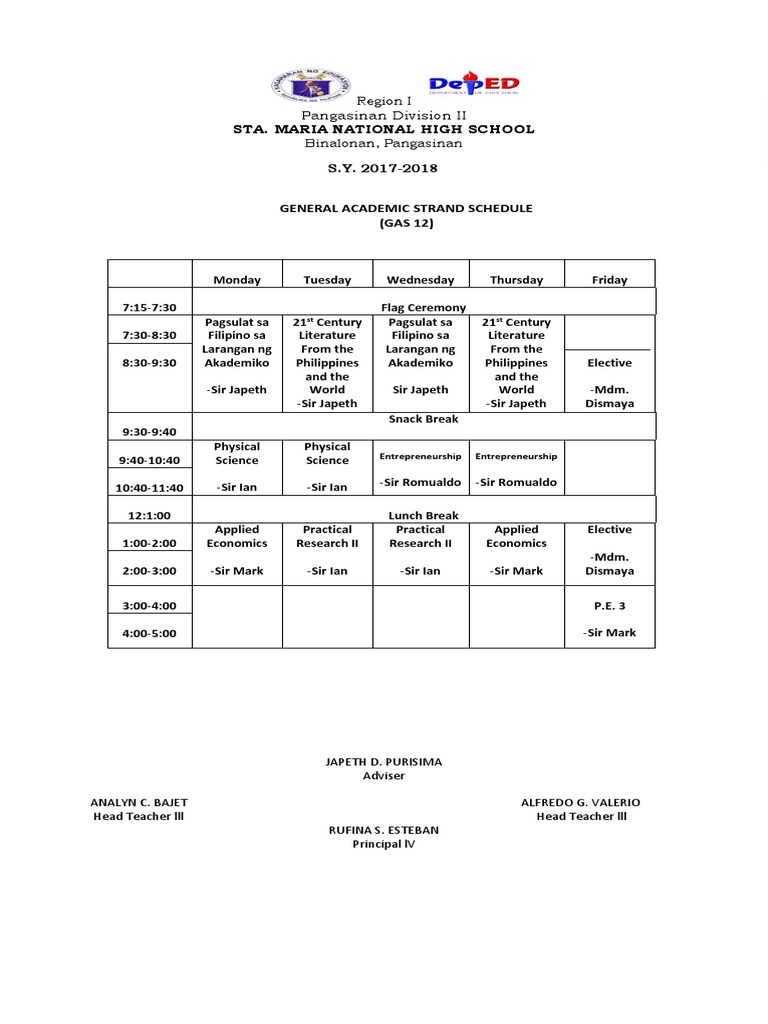 Shs Schedule SAMPLE PDF