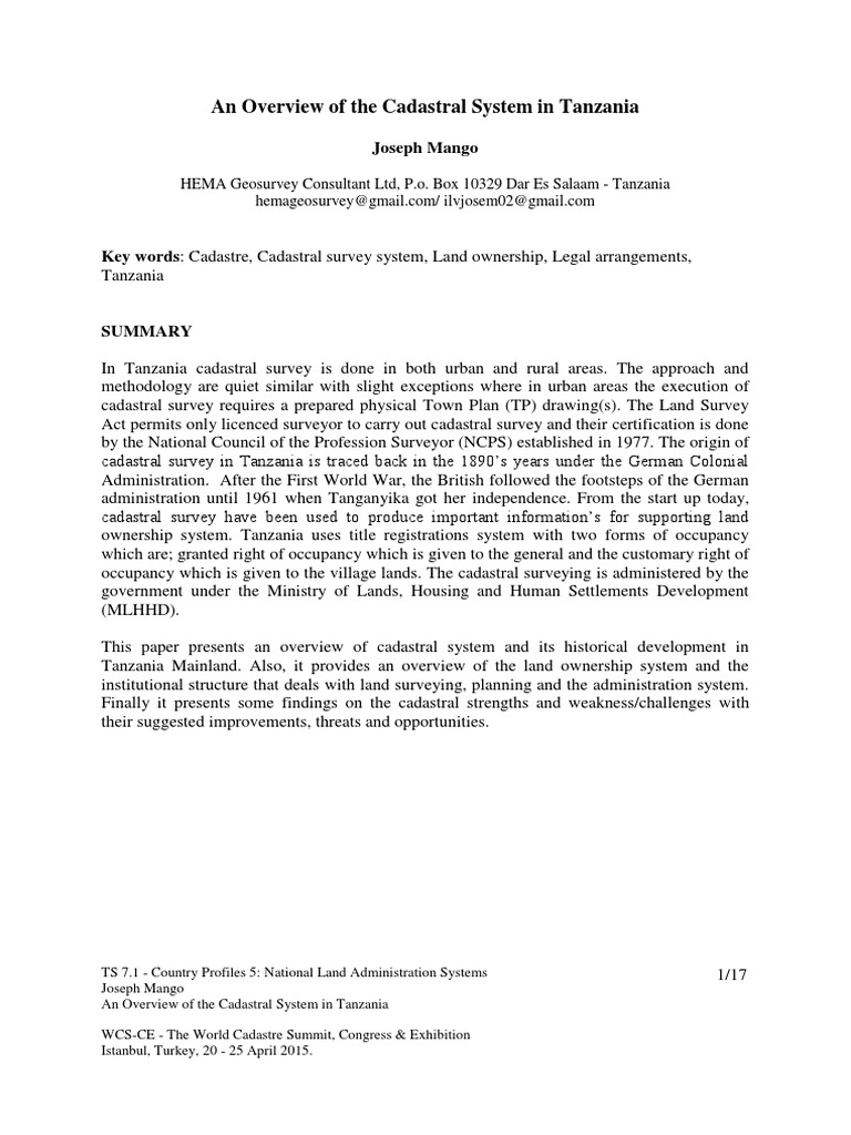 An Overview Of The Cadastral System In Tanzania Surveying - 