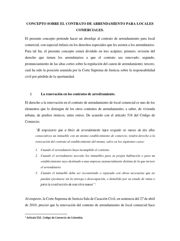 Concepto Sobre El Contrato de Arrendamiento Para Locales