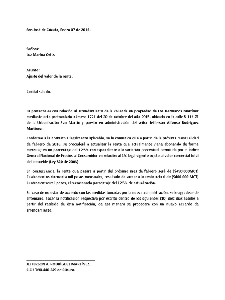 Carta de Aumento de Arriendo PDF
