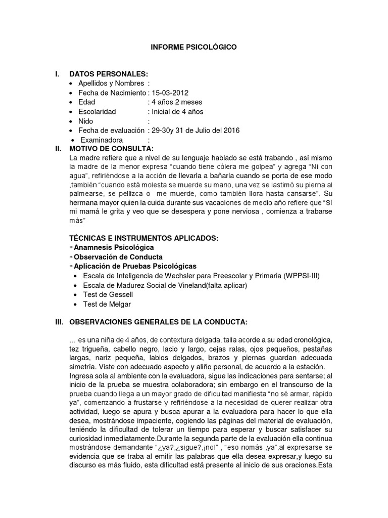 Informe Psicológico Modelo | PDF | Las emociones | Percepción