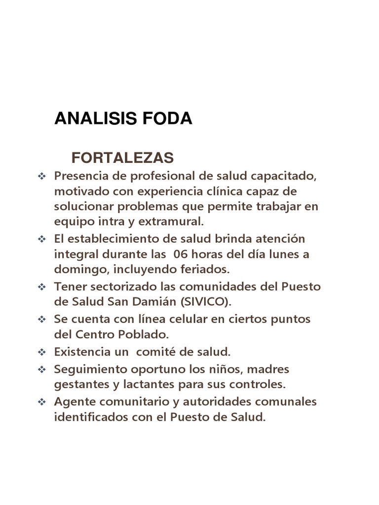 Análisis FODA del Puesto de Salud San Damián | PDF | Ciencias sociales ...